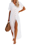 LC2541222-1-S, LC2541222-1-M, LC2541222-1-L, LC2541222-1-XL, LC2541222-1-2XL, White Crinkled Buttons Maxi Beach Dress with Slits