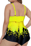 Yellow Women's Tankinis Ribbed Color Block Criss Cross Plus Size Tankinis LC412897-7