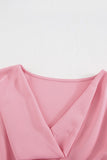 LC253392-10-S, LC253392-10-M, LC253392-10-L, LC253392-10-XL, LC253392-10-2XL, Pink Women's Casual Summer Sleeve Wrap V Neck Draped Blouses Solid Color Tops Shirts