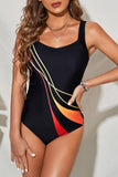 LC442787-2-S, LC442787-2-M, LC442787-2-L, LC442787-2-XL, LC442787-2-2XL, Black Striped Pattern Print Sleeveless One-piece Swimsuit