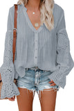 Women's V Neck Eyelet Sleeve Shirt Button Down High Low Top