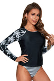 Leaf Stripe Print Round Neck Long Sleeve Two Piece Surfing Swimsuit