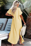 LC2541222-7-S, LC2541222-7-M, LC2541222-7-L, LC2541222-7-XL, LC2541222-7-2XL, Yellow Crinkled Buttons Maxi Beach Dress with Slits