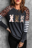 LC25214451-2-S, LC25214451-2-M, LC25214451-2-L, LC25214451-2-XL, LC25214451-2-2XL, Black Leopard Striped Bunny Color Block Long Sleeve Top