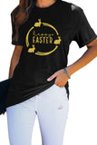 Women's Crew Neck Black Easter T Shirt  Bunny Print Short Sleeve Top