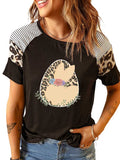 Women's Stripe Leopard Easter T Shirt Rabbit Print Raglan Sleeves Top