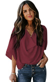 LC253392-3-S, LC253392-3-M, LC253392-3-L, LC253392-3-XL, LC253392-3-2XL, Red Women's Casual Summer Sleeve Wrap V Neck Draped Blouses Solid Color Tops Shirts