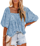 Women's Lush Printed Ruched Chiffon Top Square Neck Balloon Sleeve Blouse
