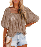 Women's Lush Printed Ruched Chiffon Top Square Neck Balloon Sleeve Blouse