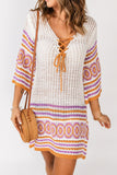 LC421503-1, White Patterned Lace-up 3/4 Sleeve Knit Beach Dress