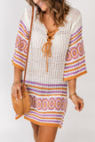 LC421503-1, White Patterned Lace-up 3/4 Sleeve Knit Beach Dress