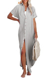 Women's Short Sleeves Maxi Beach Dress Crinkled Button Down with Slits