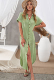 LC2541222-9-S, LC2541222-9-M, LC2541222-9-L, LC2541222-9-XL, LC2541222-9-2XL, Green Crinkled Buttons Maxi Beach Dress with Slits
