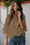 LC253392-16-S, LC253392-16-M, LC253392-16-L, LC253392-16-XL, LC253392-16-2XL, Khaki Women's Casual Summer Sleeve Wrap V Neck Draped Blouses Solid Color Tops Shirts