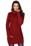 Red Women's Winter Casual Long Sleeve Solid Color Warm Loose Turtleneck Oversized Pullover Cable Knit Sweater Dress with Pockets LC27836-3