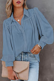 LC2552187-5-S, LC2552187-5-M, LC2552187-5-L, LC2552187-5-XL, LC2552187-5-2XL, Blue Solid Color Button Up Puff Sleeve Blouse