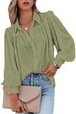 LC2552187-9-S, LC2552187-9-M, LC2552187-9-L, LC2552187-9-XL, LC2552187-9-2XL, Green Solid Color Button Up Puff Sleeve Blouse