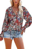 Women's Floral Print V Neck Lace-up Blouse Long Shirred Sleeves Button Up Top