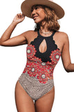 Women's Halter Top One Piece Swimsuit Floral Leopard Color Block Swimwear