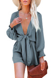 Women's Plung V Neck Bishop Sleeve Tie Knot Puff Long Sleeve Romper