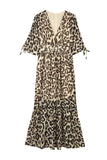 LC619225-20-S, LC619225-20-M, LC619225-20-L, LC619225-20-XL, Leopard  Print Drawstring V Neck High Waist Long Dress
