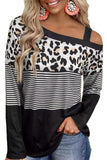 Women's Leopard Striped Long Sleeve Top Slash Collar Cut Out Shirt