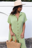 LC2541222-9-S, LC2541222-9-M, LC2541222-9-L, LC2541222-9-XL, LC2541222-9-2XL, Green Crinkled Buttons Maxi Beach Dress with Slits