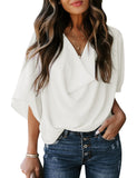 Women's Casual Summer Sleeve Wrap V Neck Draped Blouses Solid Color Tops Shirts