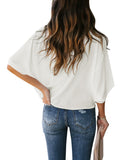 LC253392-1-S, LC253392-1-M, LC253392-1-L, LC253392-1-XL, LC253392-1-2XL, Bright White Women's Casual Summer Sleeve Wrap V Neck Draped Blouses Solid Color Tops Shirts
