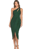 LC6112011-9-S, LC6112011-9-M, LC6112011-9-L, LC6112011-9-XL, Green Asymmetric Cut out Sleeveless Pleated Midi Dress with Slit
