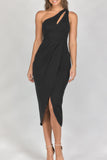 LC6112011-2-S, LC6112011-2-M, LC6112011-2-L, LC6112011-2-XL, Black Asymmetric Cut out Sleeveless Pleated Midi Dress with Slit