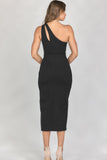 LC6112011-2-S, LC6112011-2-M, LC6112011-2-L, LC6112011-2-XL, Black Asymmetric Cut out Sleeveless Pleated Midi Dress with Slit