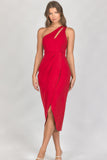 LC6112011-3-S, LC6112011-3-M, LC6112011-3-L, LC6112011-3-XL, Red Asymmetric Cut out Sleeveless Pleated Midi Dress with Slit
