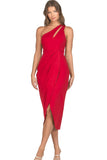 LC6112011-3-S, LC6112011-3-M, LC6112011-3-L, LC6112011-3-XL, Red Asymmetric Cut out Sleeveless Pleated Midi Dress with Slit