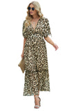 Women's Leopard Print Drawstring V Neck High Waist Long Dress