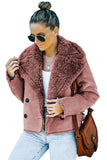 Women's Pink Plush Lining Faux Suede Jackets Cropped Double Breasted Coat