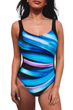 LC442787-5-S, LC442787-5-M, LC442787-5-L, LC442787-5-XL, LC442787-5-2XL, Blue Striped Pattern Print Sleeveless One-piece Swimsuit