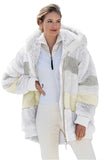 Women Colorblock Zip Up Long Sherpa Coat with Hood