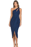 LC6112011-5-S, LC6112011-5-M, LC6112011-5-L, LC6112011-5-XL, Blue Asymmetric Cut out Sleeveless Pleated Midi Dress with Slit