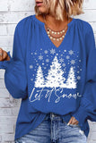 Women's Let It Snow Blue Split Neck Top Christmas Tree V Neck Blouse