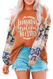 Women's Thankful Grateful Blessed Print Top Floral Splicing Puff Sleeves Pullover