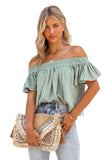 LC25118214-9-S, LC25118214-9-M, LC25118214-9-L, LC25118214-9-XL, LC25118214-9-2XL, Green Off Shoulder Textured Ruched Ruffle Blouse