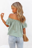 LC25118214-9-S, LC25118214-9-M, LC25118214-9-L, LC25118214-9-XL, LC25118214-9-2XL, Green Off Shoulder Textured Ruched Ruffle Blouse
