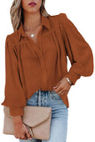 LC2552187-17-S, LC2552187-17-M, LC2552187-17-L, LC2552187-17-XL, LC2552187-17-2XL, Brown Solid Color Button Up Puff Sleeve Blouse