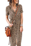 Women's Leopard Print Button Down Slit Midi Dress with Belt
