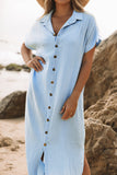 LC2541222-4-S, LC2541222-4-M, LC2541222-4-L, LC2541222-4-XL, LC2541222-4-2XL, Sky Blue Crinkled Buttons Maxi Beach Dress with Slits