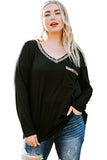 Women's Black Long Sleeve Sequined V Neck Plus Size Top