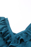 LC6113322-5-S, LC6113322-5-M, LC6113322-5-L, LC6113322-5-XL, Blue Ruffle Trim V Neck Smocking Back Mini Dress
