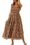 LC6113709-17-S, LC6113709-17-M, LC6113709-17-L, LC6113709-17-XL, Brown Ruffled Straps Smocked Floral Maxi Dress