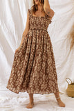 LC6113709-17-S, LC6113709-17-M, LC6113709-17-L, LC6113709-17-XL, Brown Ruffled Straps Smocked Floral Maxi Dress